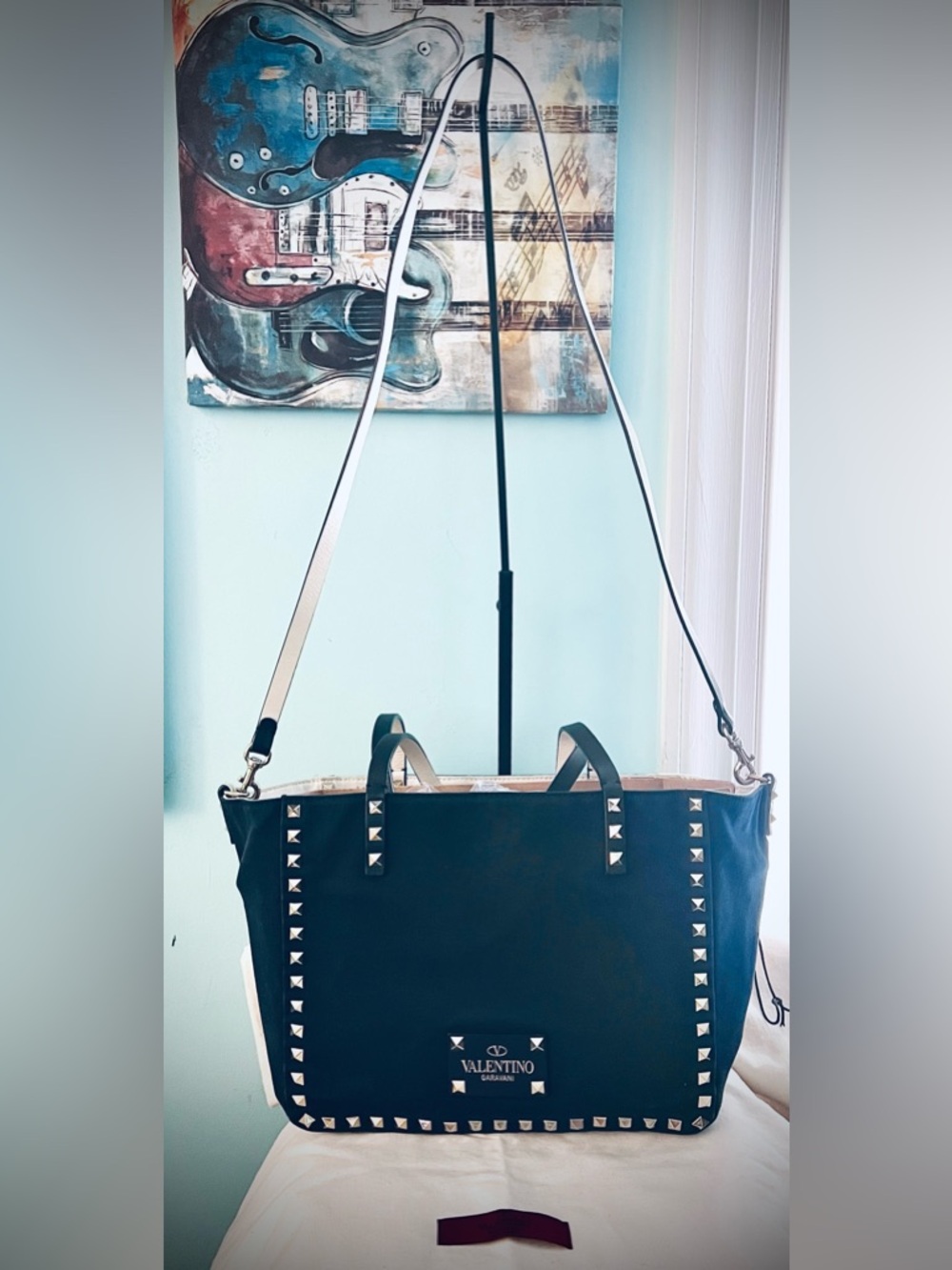 Valentino, 2-way Black-Cream/canvas reversible stud tote/ PICS/DB/Strap